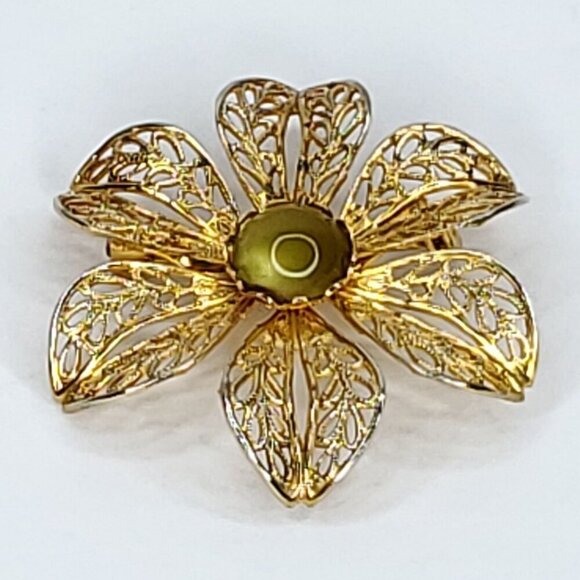 Vintage Filigree Floral Flower Brooch Green Moonglow Cabochon 1 5/8" - Picture 2 of 3